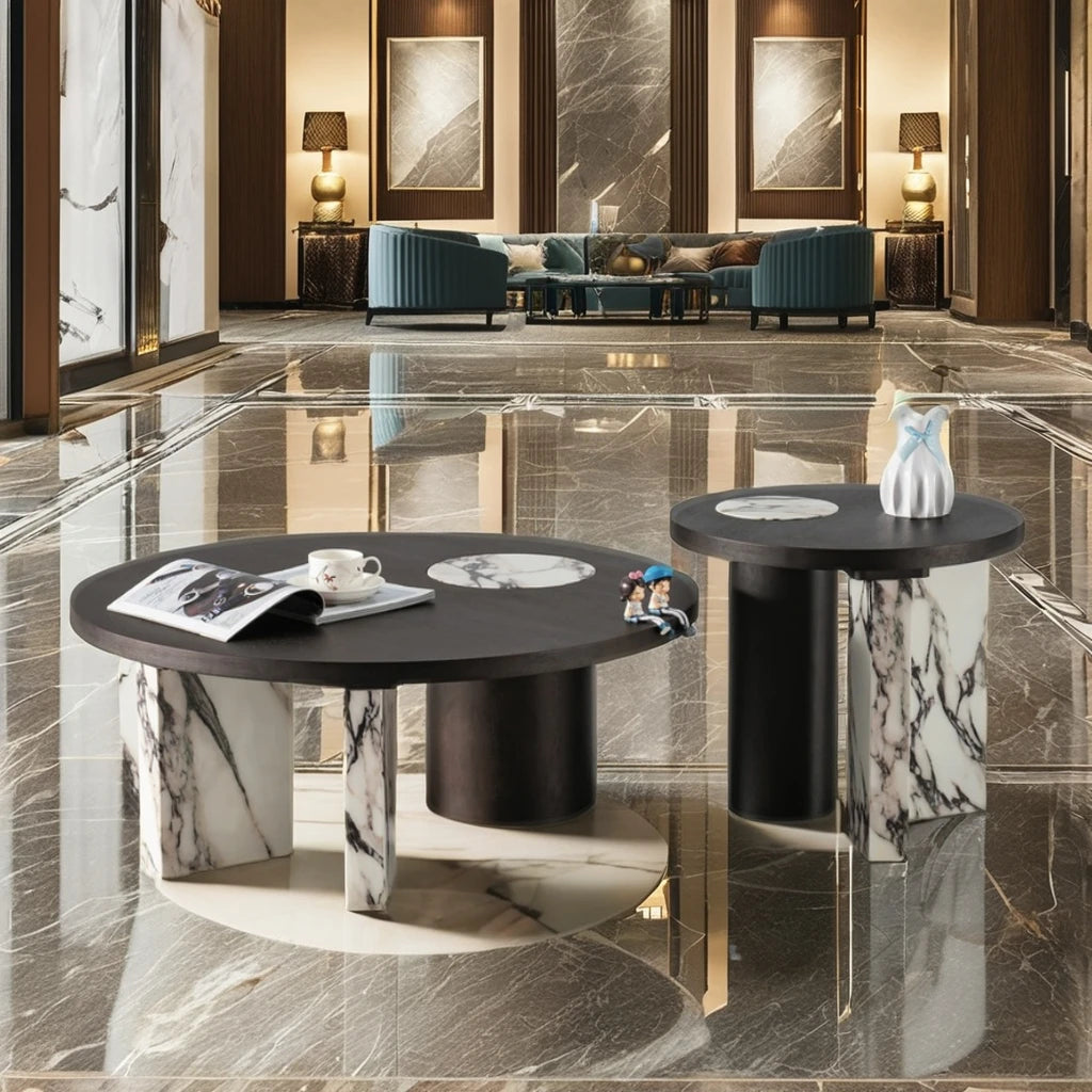 Marble stick leg villa home living room furniture round luxury coffee table wooden veneer top 5 start hotel loft coffee table