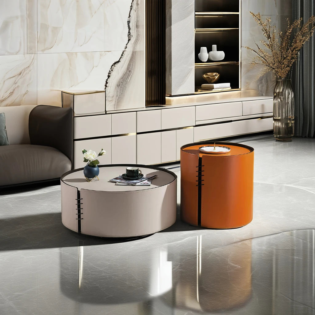 Saddle leather high-end VIP villa furniture living room coffee table set home interior round bedroom hotel coffee table