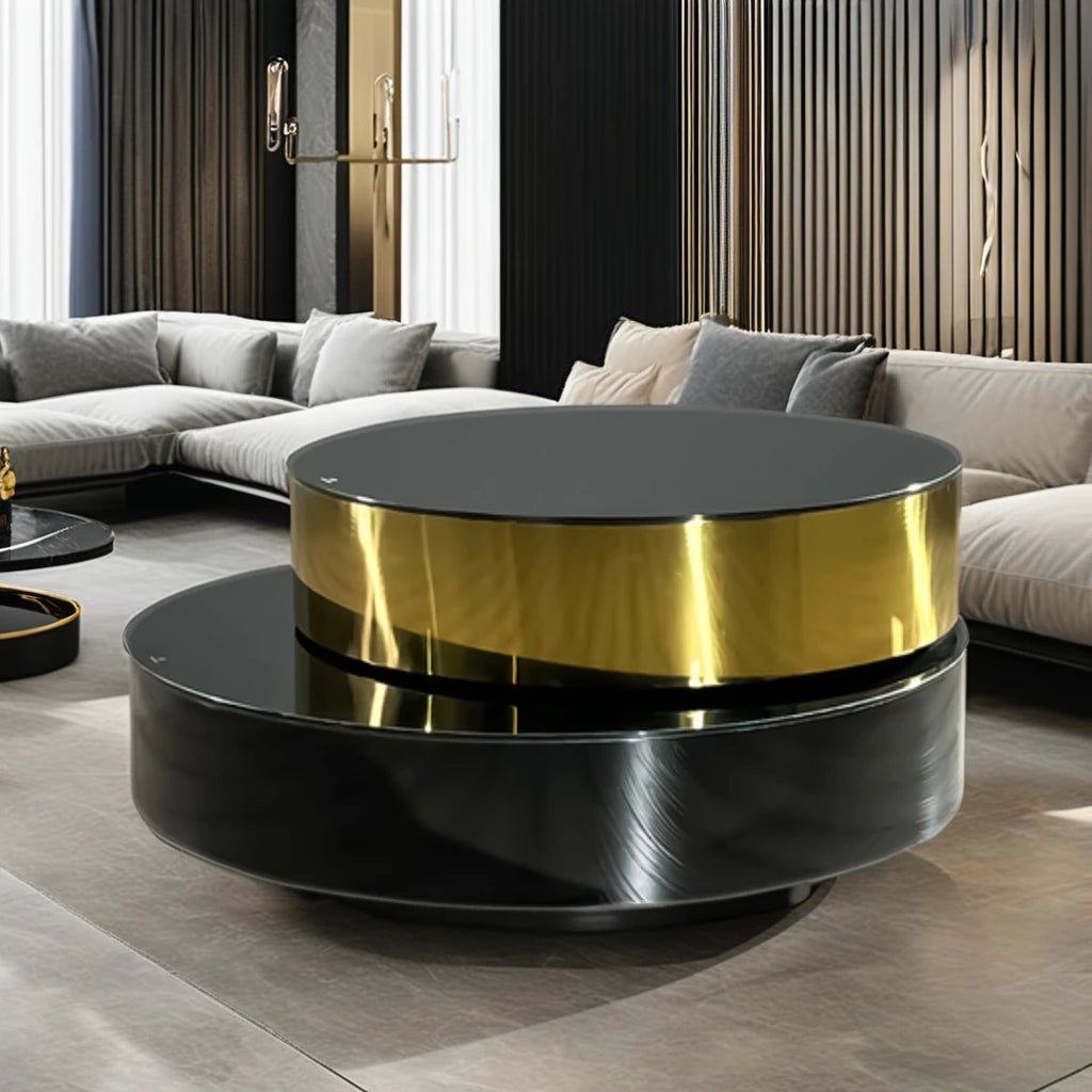 Italian design 360 degree rotating stainless steel villa coffee table round gold glass top apartment hotel VIP coffee table