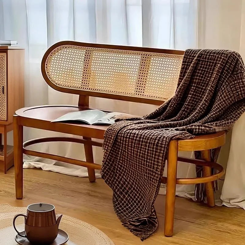 Double-seat French rattan chair solid wood household bedside shoe changing stool solid wood casual dining chair sofa chair