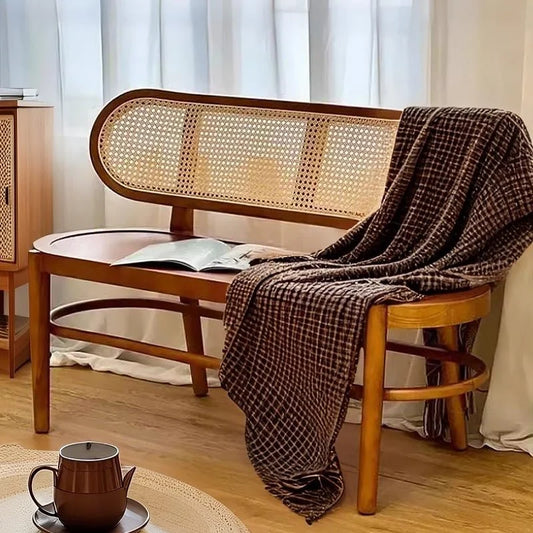 Double-seat French rattan chair solid wood household bedside shoe changing stool solid wood casual dining chair sofa chair