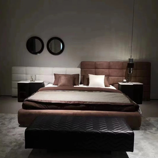 Italian high-end modern simple king bed large wooden bed frame smart function wide back velvet full bed room leather