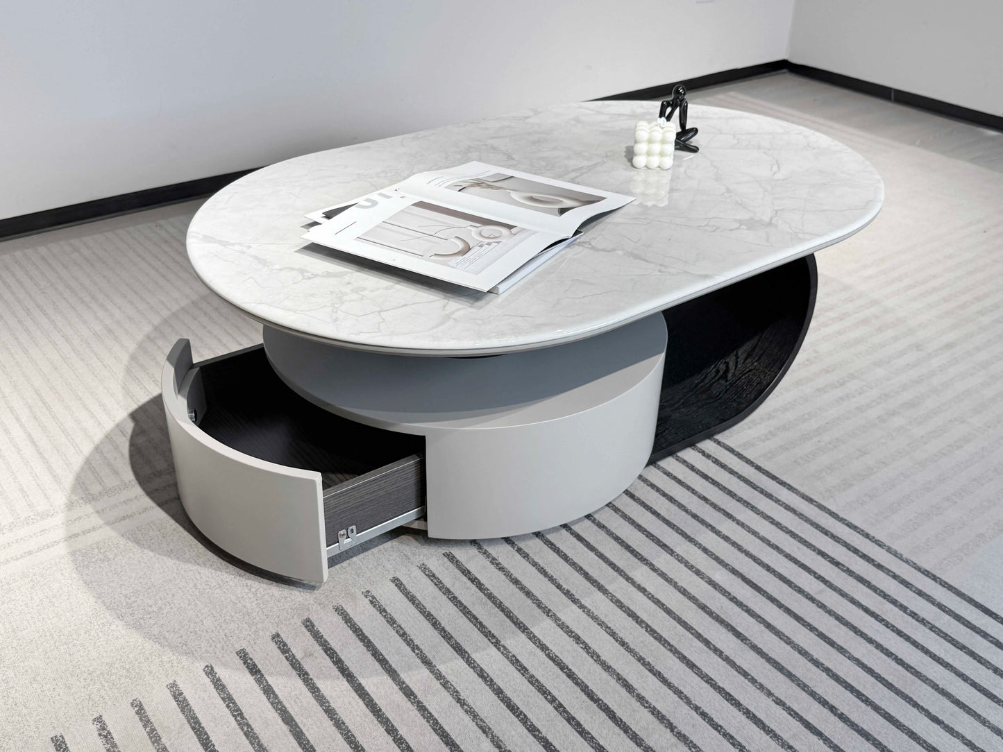 Modern round coffee table with convertible drawers in stainless steel marble for home living room furniture with wooden panels