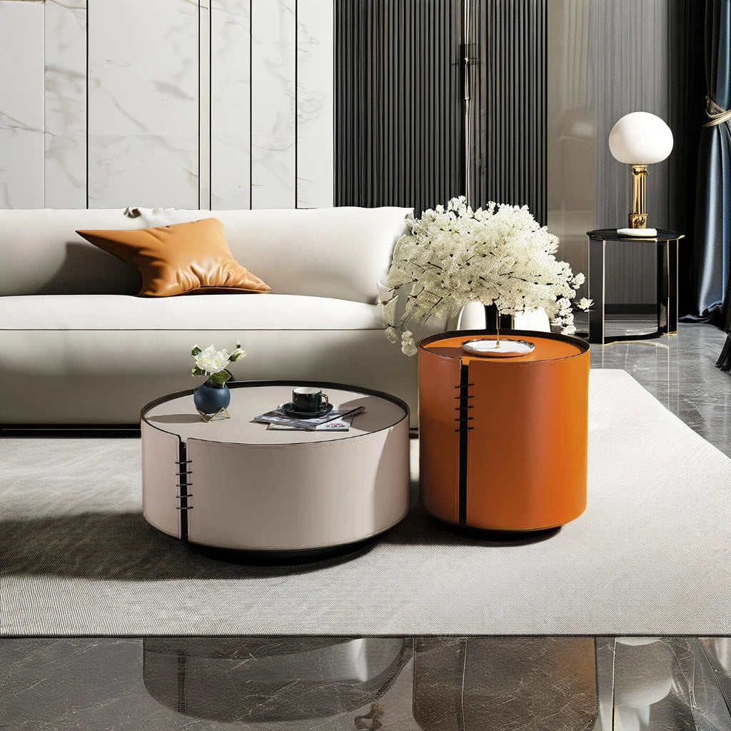 Saddle leather high-end VIP villa furniture living room coffee table set home interior round bedroom hotel coffee table