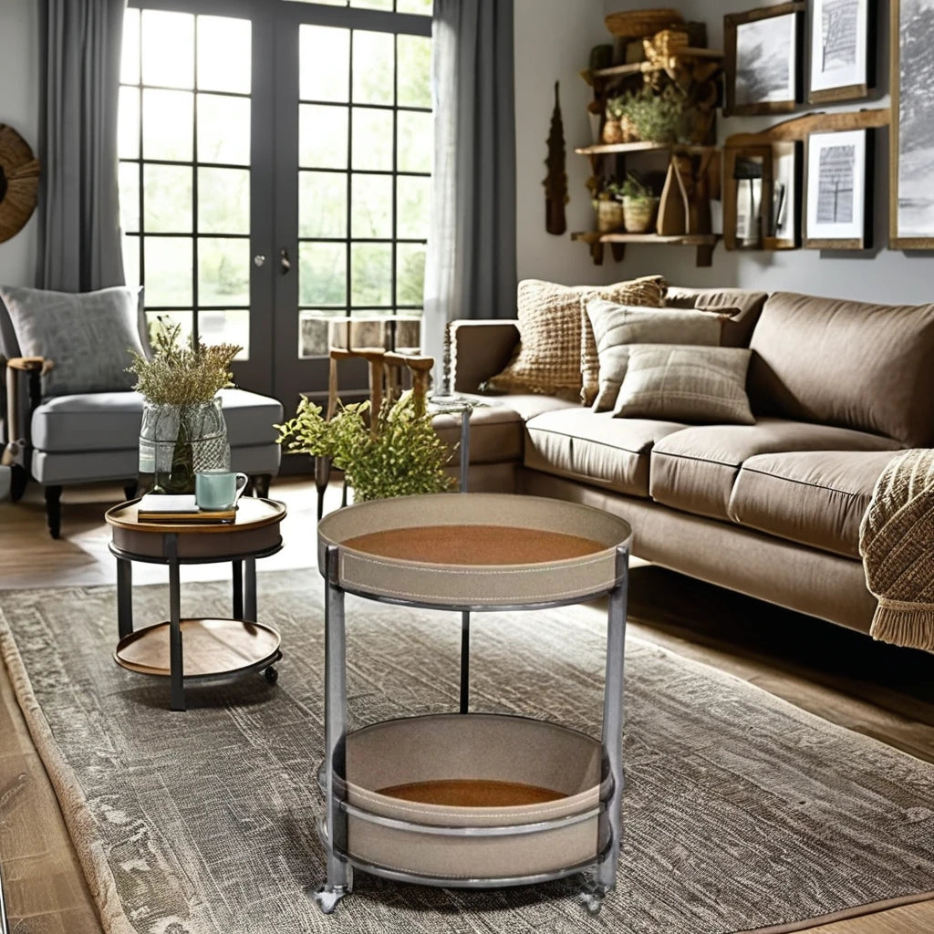 Removable hotel project Bedside table Interior living room furniture Saddle leather 2-story round loft coffee table