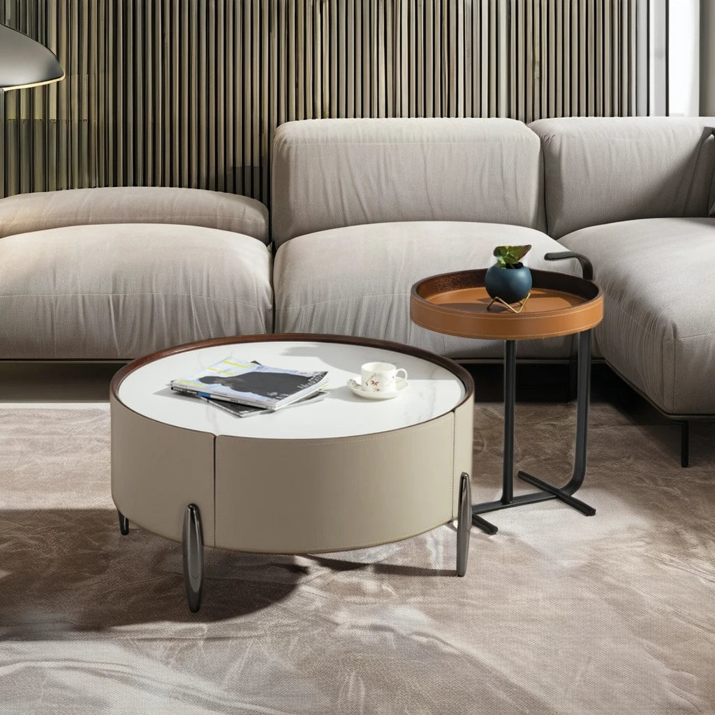 Saddle Leather Round Ceramic Coffee Table Set Living Room Furniture Villa Large Apartment Loft Simple Coffee Table