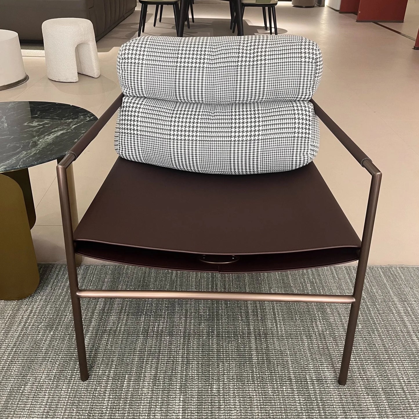 Italian loft interior designer single lounge chair soft back balcony antique style steel leg celebrity metal lounge chair