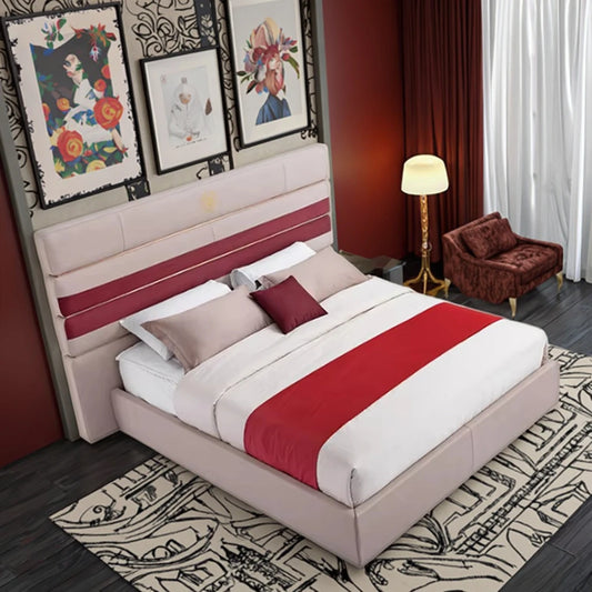 Modern Italian luxury style solid wood leather fabric king size bed soft and minimalist design, suitable for hotel or family bedroom furniture