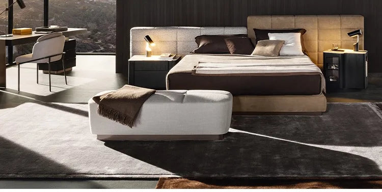 Italian high-end modern simple king bed large wooden bed frame smart function wide back velvet full bed room leather