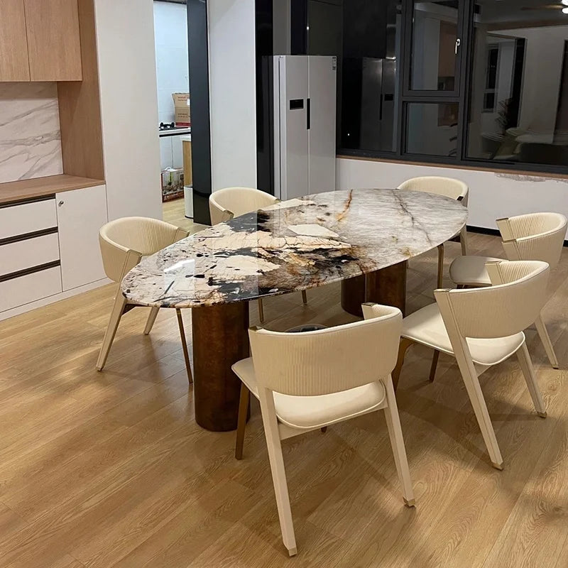 Italian luxury water drop design natural marble stone oval dining table set, suitable for large villa mansion living room