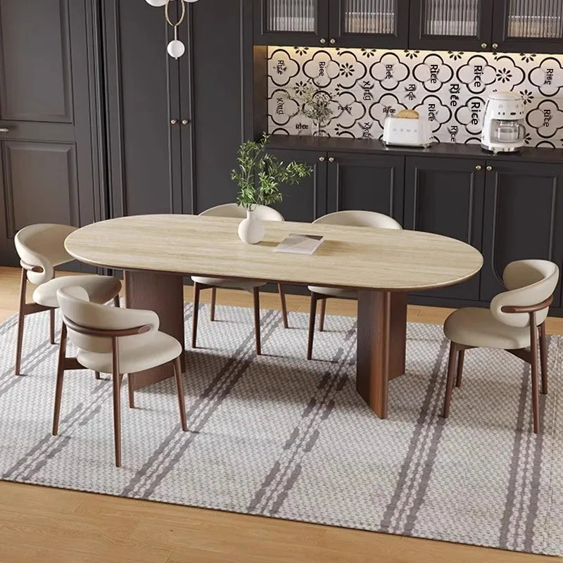 French retro style solid wood dining table and chairs set modern cave slate small apartment oval retro dining table
