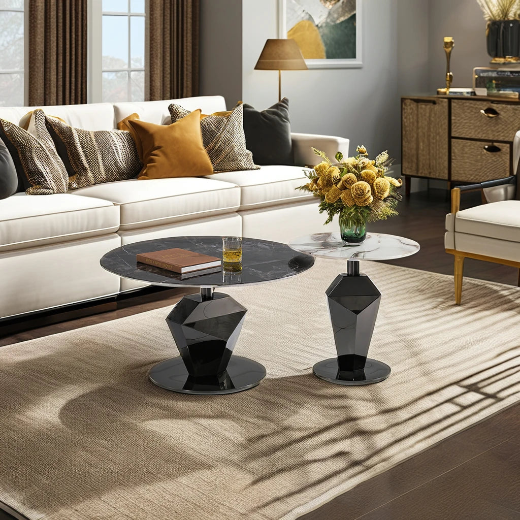 Stainless steel black titanium light luxury Italian round coffee table set Home interior villa VIP living room coffee table