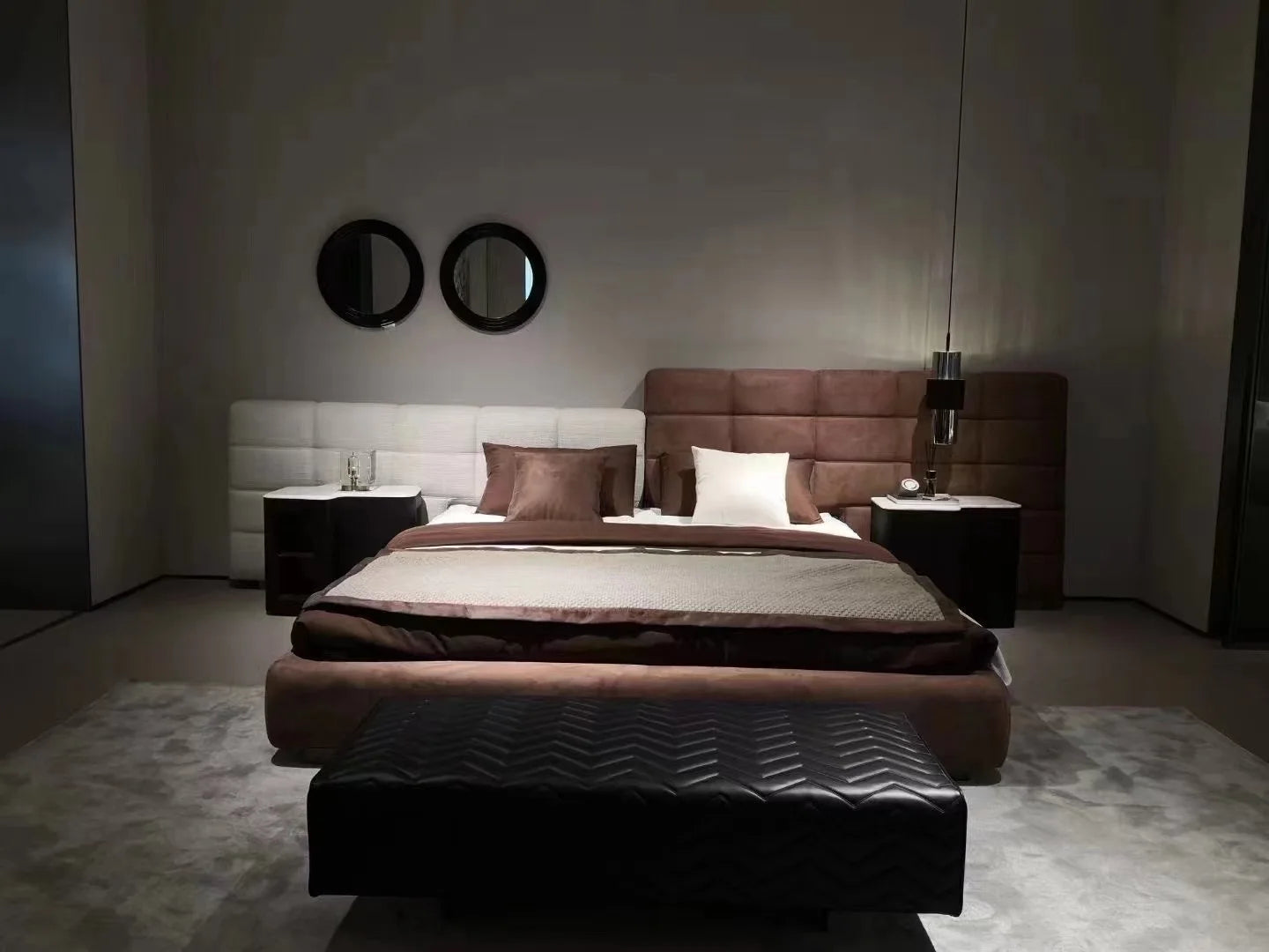 Italian high-end modern simple king bed large wooden bed frame smart function wide back velvet full bed room leather