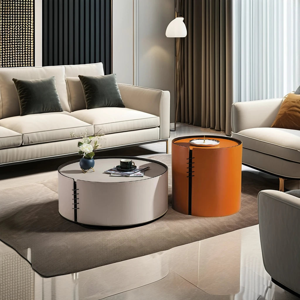 Saddle leather high-end VIP villa furniture living room coffee table set home interior round bedroom hotel coffee table