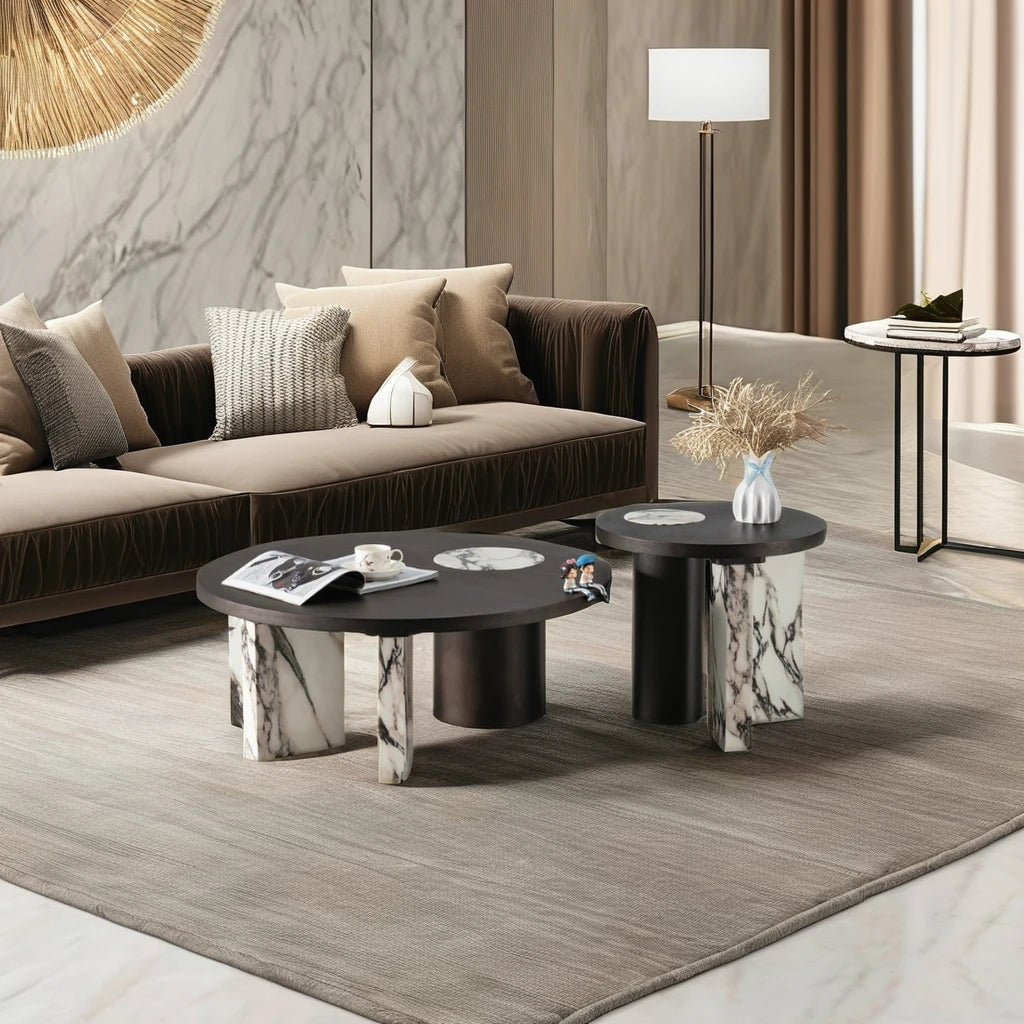 Marble stick leg villa home living room furniture round luxury coffee table wooden veneer top 5 start hotel loft coffee table