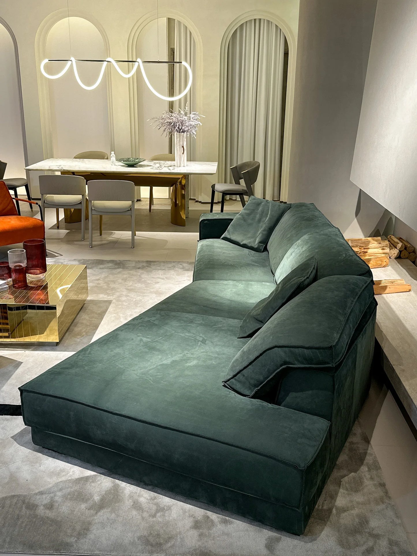 Stylish and minimalist living room combination sofa set with wooden legs, leather and velvet materials for bedroom and bathroom