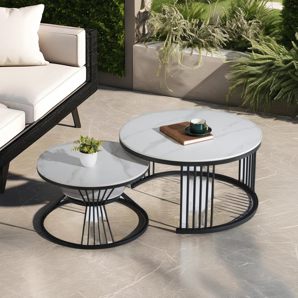 Contemporary Modern Design Combination Ceramic Steel Coffee Table Set Black Base with Living Room Home Furniture Tabletop