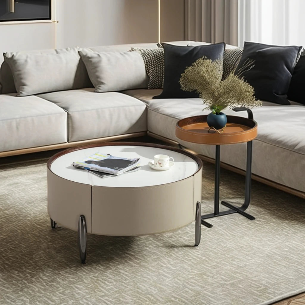 Saddle Leather Round Ceramic Coffee Table Set Living Room Furniture Villa Large Apartment Loft Simple Coffee Table
