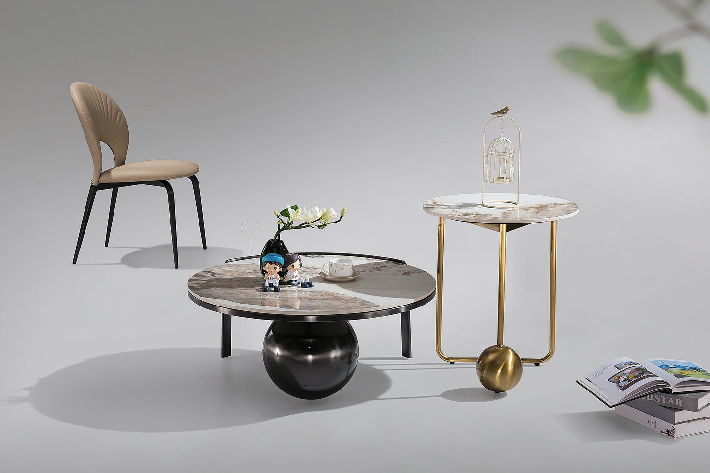 Modern luxury design interior furniture home living room casual coffee table set round ceramic stone coffee table