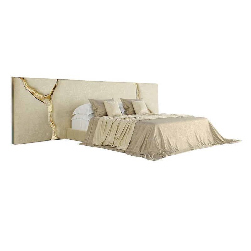 Modern White Head Board Bed Large Cork Frame with Leather Decorative Fabric Material Gold Crack Wide Bad