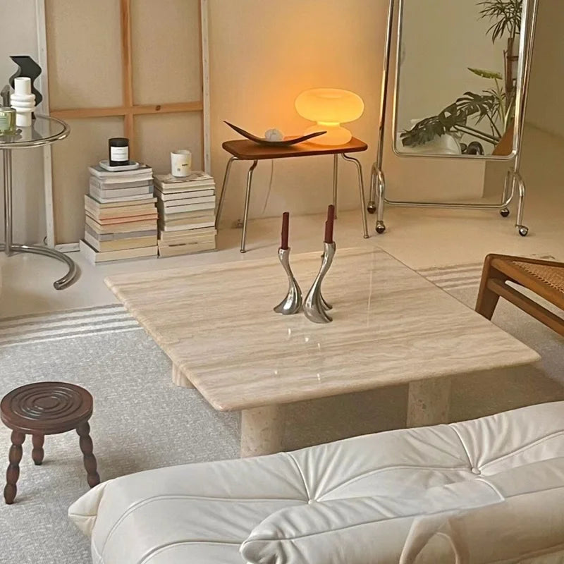 Modern Scandinavian Normcore square sofa coffee table natural marble travertine high-end living room design