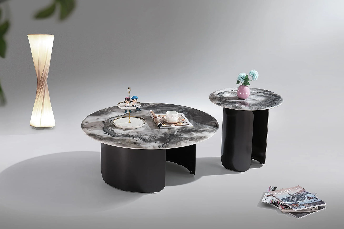 Coffee table set Home living furniture Round apartment project Small stainless steel base Beauty salon Ceramic coffee table