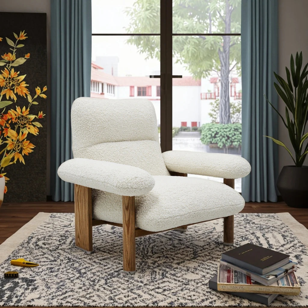 Sabi Wabi Cream Armchair Home Living Room Bedroom Furniture Grey Wood Furniture Leisure Villa Interior Fabric Seat