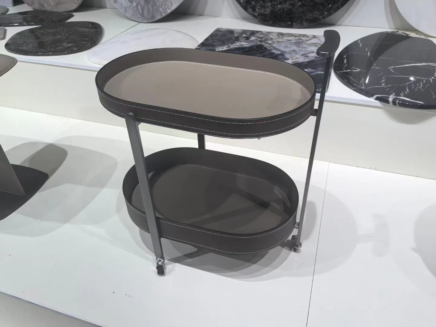 Oval saddle leather hotel trolley side table cabinet villa living room furniture coffee table hotel snack bed coffee table