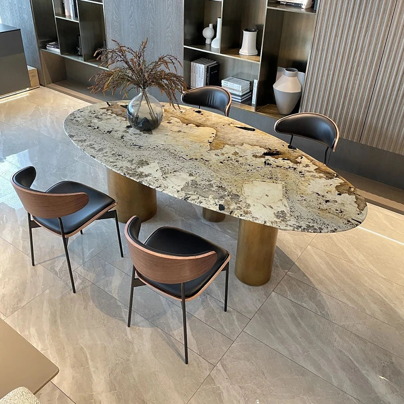 Italian luxury water drop design natural marble stone oval dining table set, suitable for large villa mansion living room