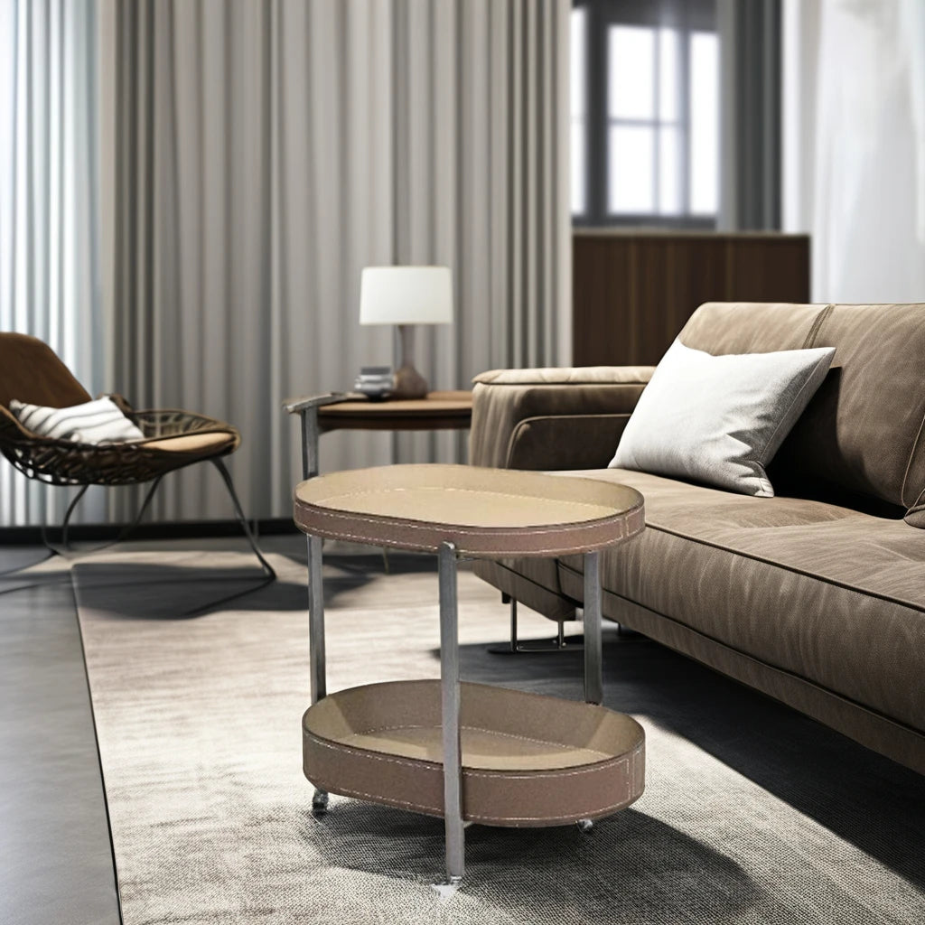 Oval saddle leather hotel trolley side table cabinet villa living room furniture coffee table hotel snack bed coffee table