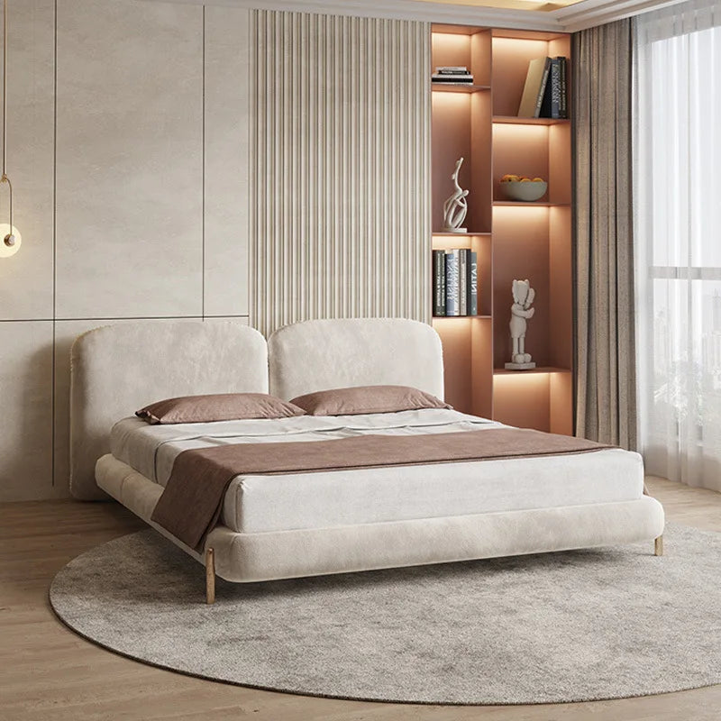 Luxury Cream Stone Modern King Bed Light Luxury Fabric Wooden Frame Small Apartment Luxury Bed