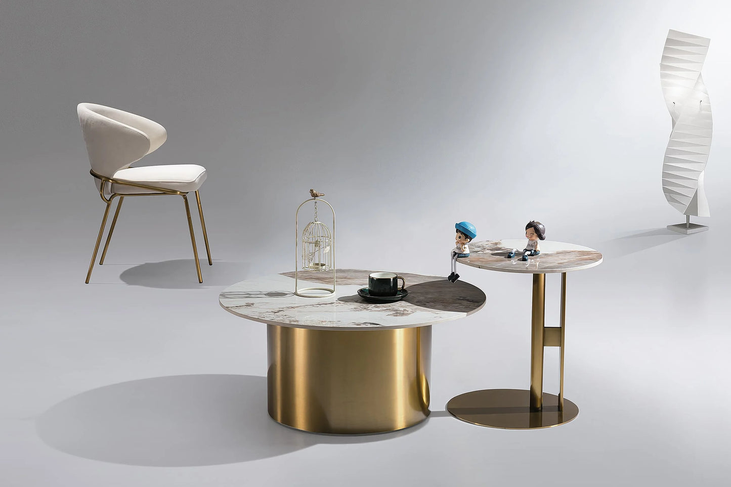 Light luxury stainless steel gold ceramic round living room furniture indoor beauty salon casual coffee table set