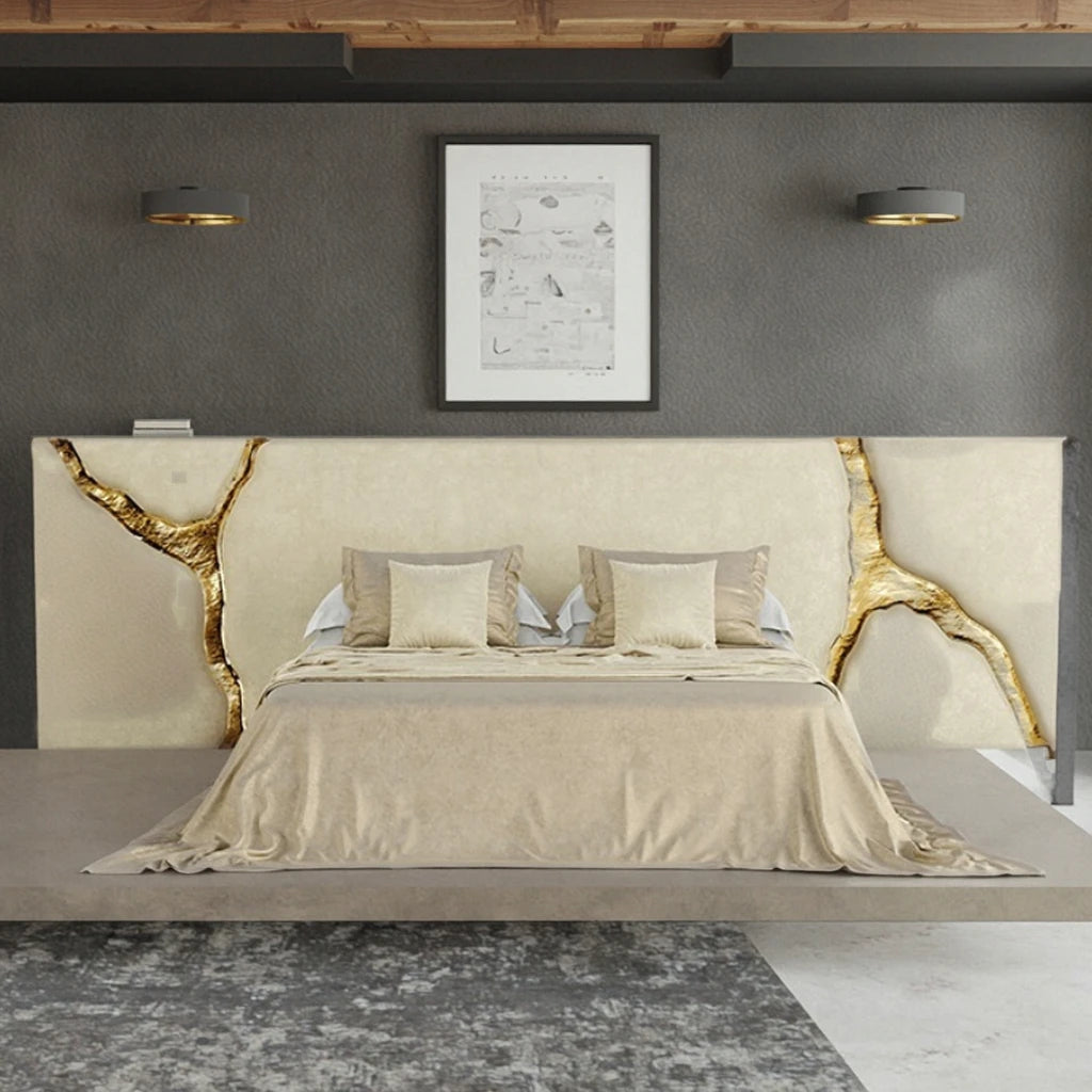 Modern White Head Board Bed Large Cork Frame with Leather Decorative Fabric Material Gold Crack Wide Bad