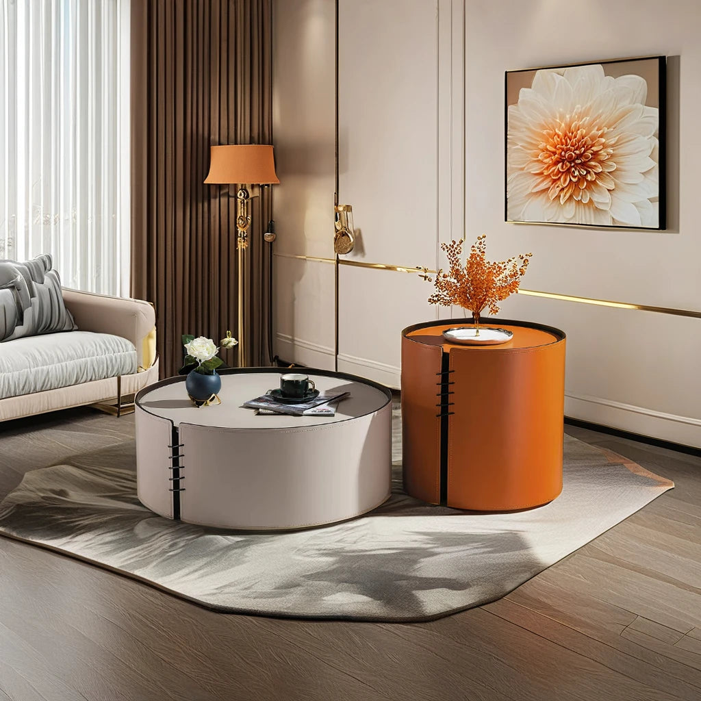 Saddle leather high-end VIP villa furniture living room coffee table set home interior round bedroom hotel coffee table