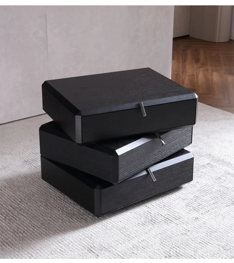 High-grade black smoked solid wood bedside table, simple modern Italian style luxury lighting rotating bedside table, high-end storage