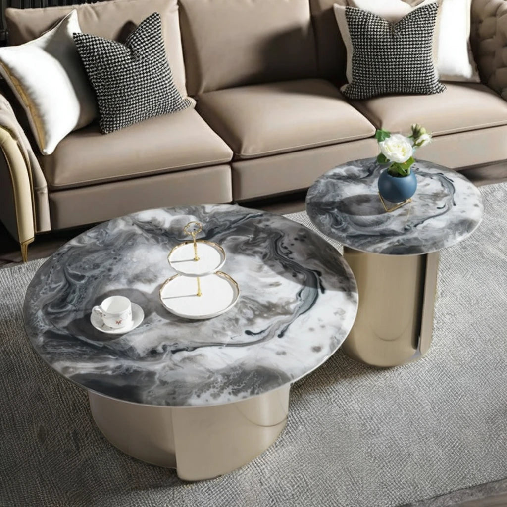 Coffee table set Home living furniture Round apartment project Small stainless steel base Beauty salon Ceramic coffee table