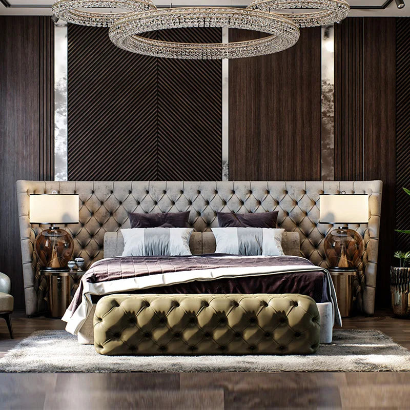 Italian Modern Designer Premium Leather Art Bedroom Furniture Lightweight Luxury Frosted Leather Master Bedroom King Bed