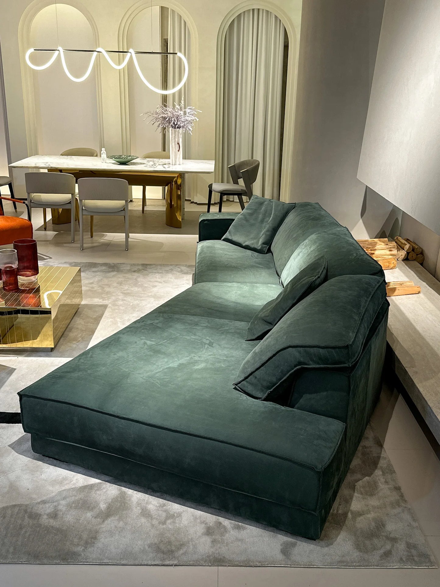 Stylish and minimalist living room combination sofa set with wooden legs, leather and velvet materials for bedroom and bathroom
