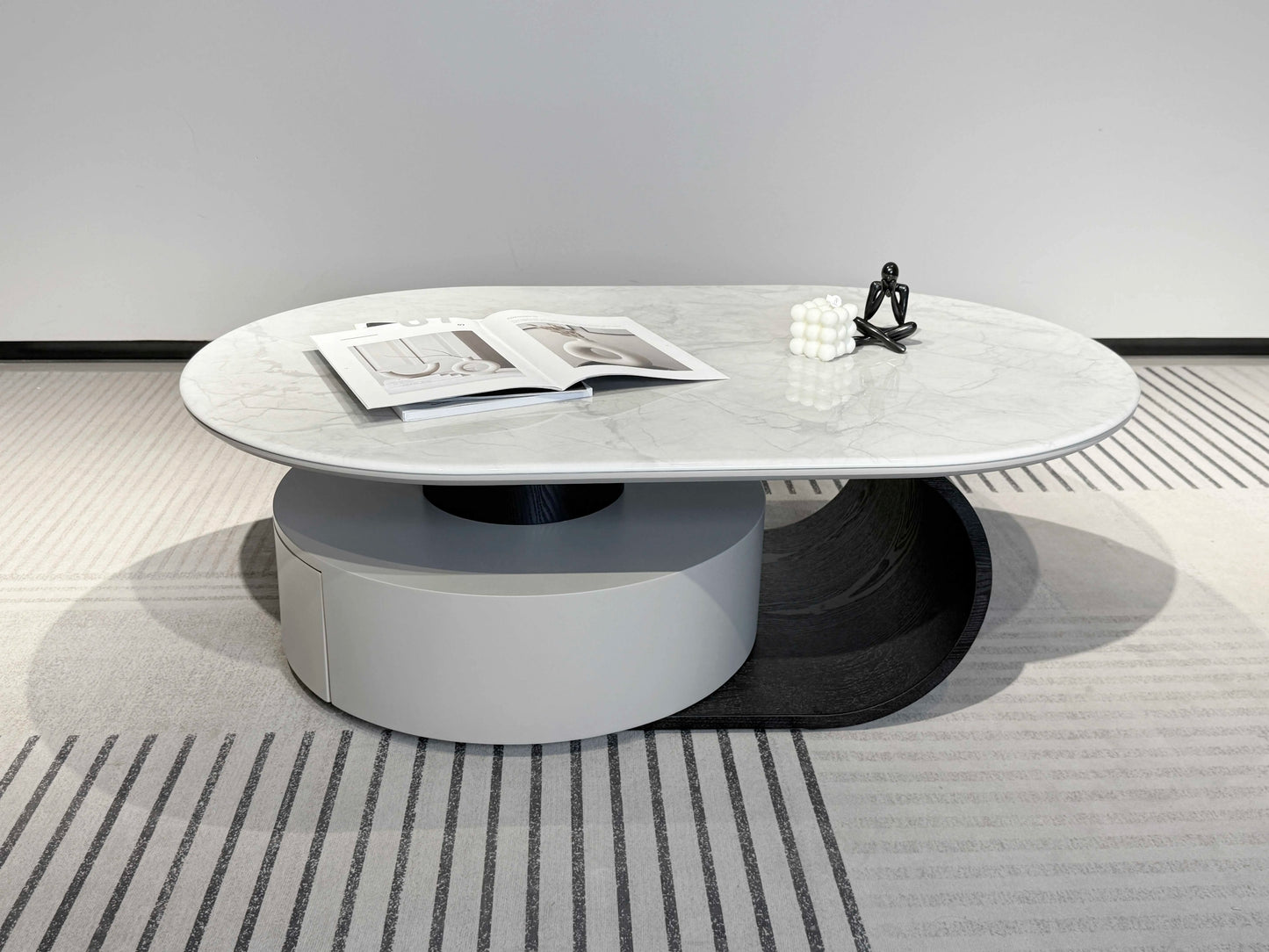 Modern round coffee table with convertible drawers in stainless steel marble for home living room furniture with wooden panels