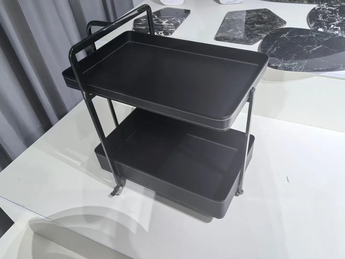 New Design Saddle Leather Double Side Table Villa Living Room Furniture Removable Coffee Table with Wheels Family Hotel