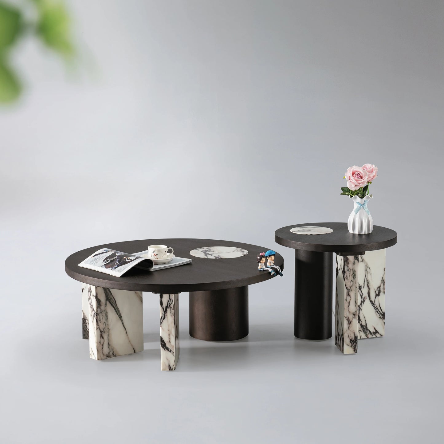 Marble stick leg villa home living room furniture round luxury coffee table wooden veneer top 5 start hotel loft coffee table