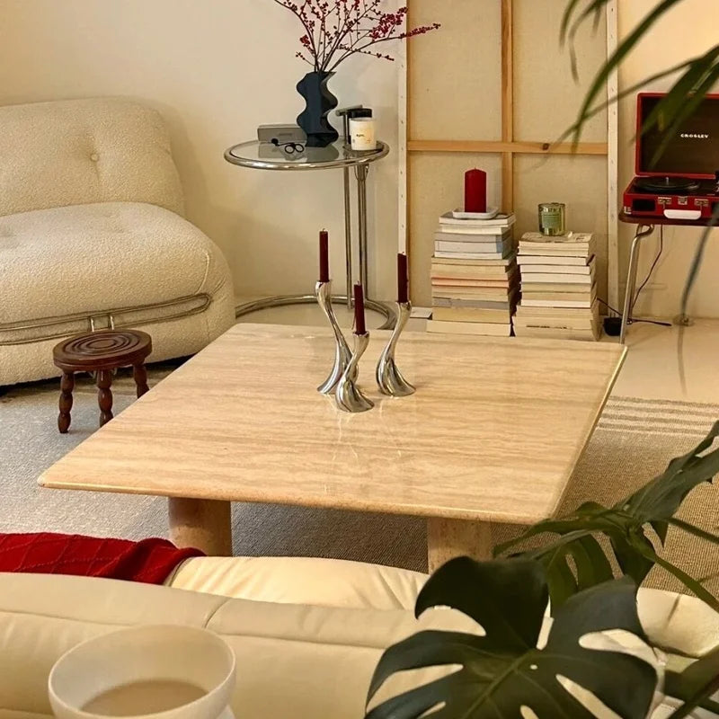 Modern Scandinavian Normcore square sofa coffee table natural marble travertine high-end living room design