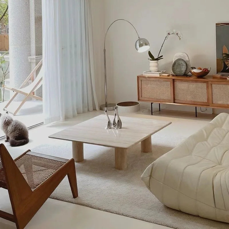 Modern Scandinavian Normcore square sofa coffee table natural marble travertine high-end living room design