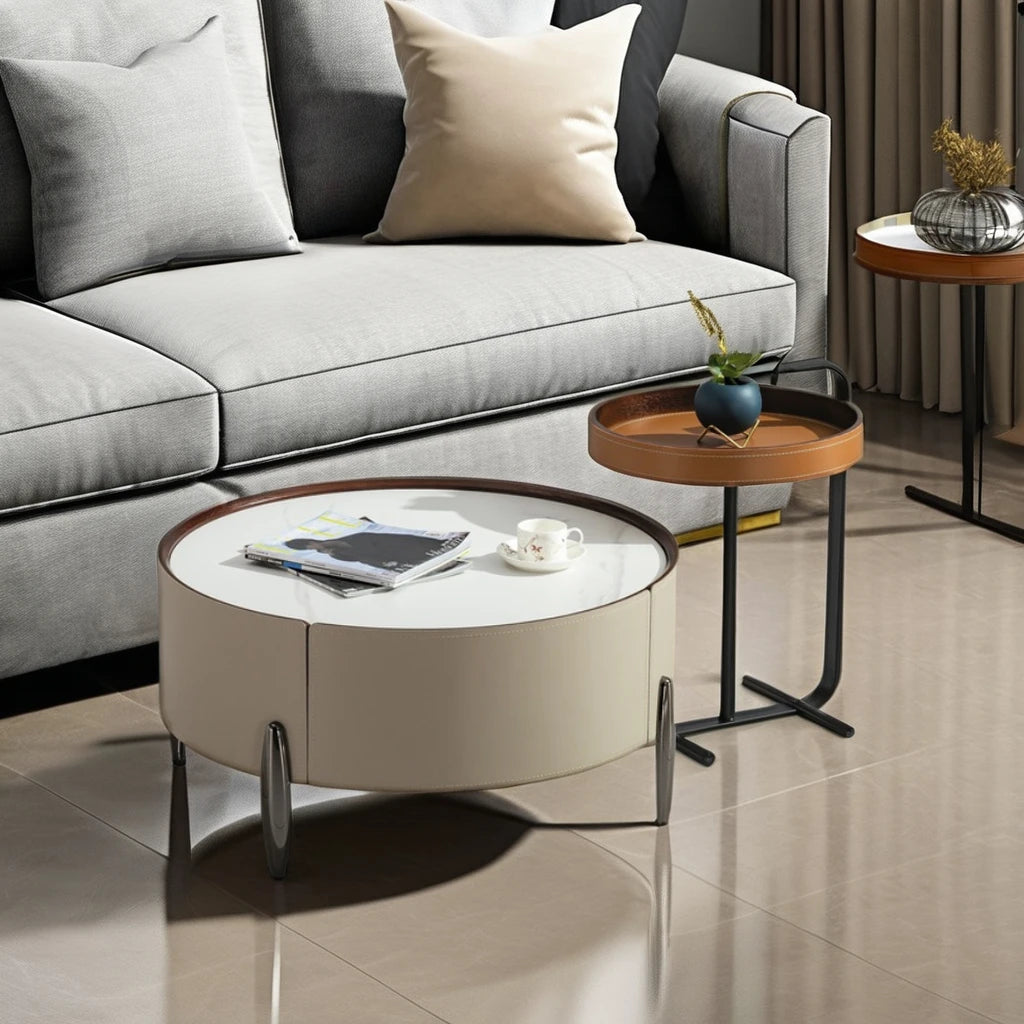Saddle Leather Round Ceramic Coffee Table Set Living Room Furniture Villa Large Apartment Loft Simple Coffee Table