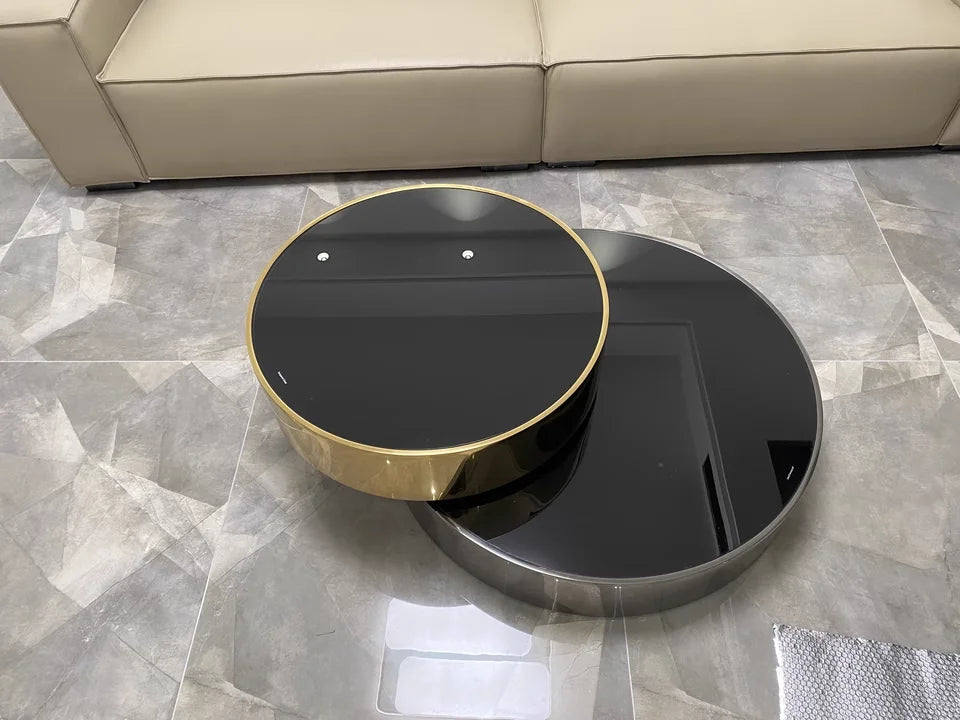 Italian design 360 degree rotating stainless steel villa coffee table round gold glass top apartment hotel VIP coffee table