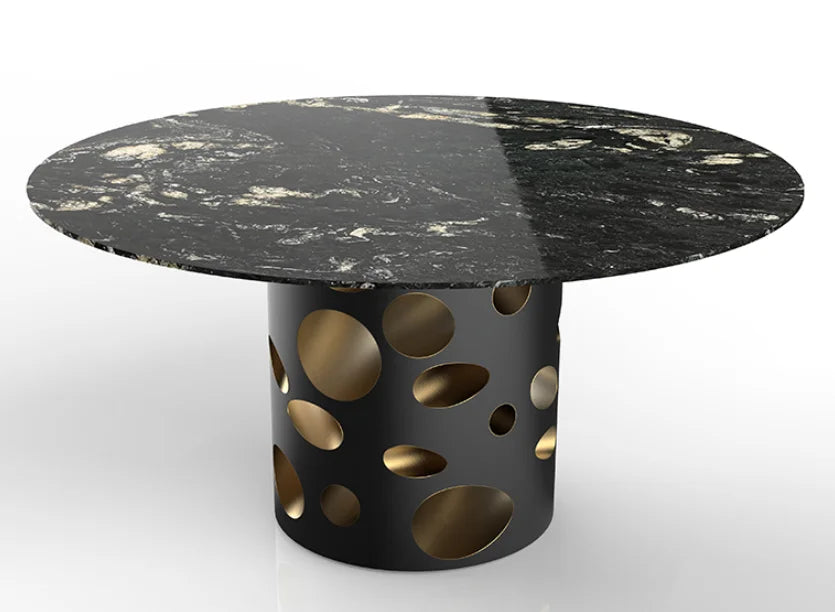 Modern minimalist Wabisabi design plywood frame round black ash wood home dining table set 6 stone material kitchen dining room