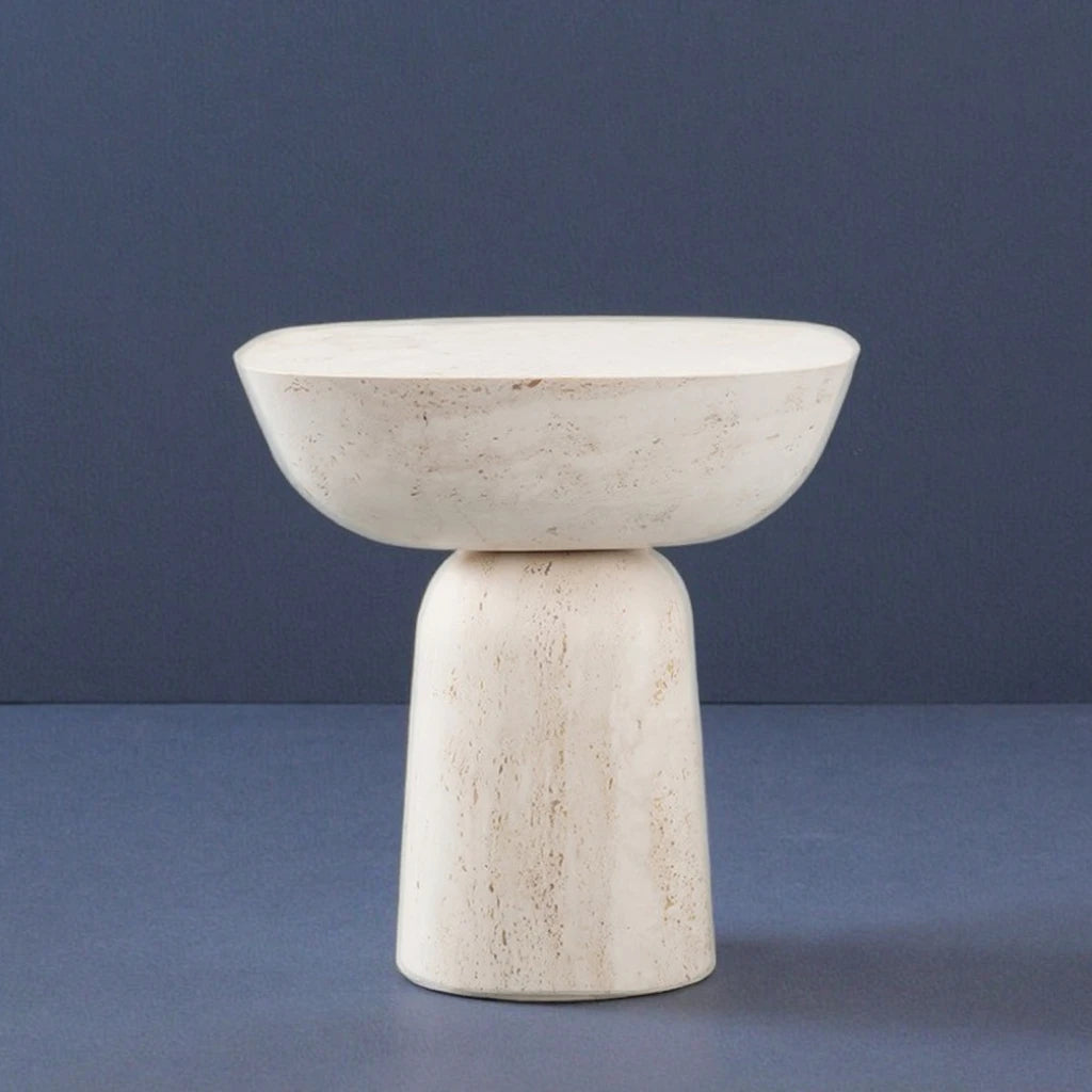Nordic minimalist designer side table natural hand-carved travertine stone, for living room sofa or corner