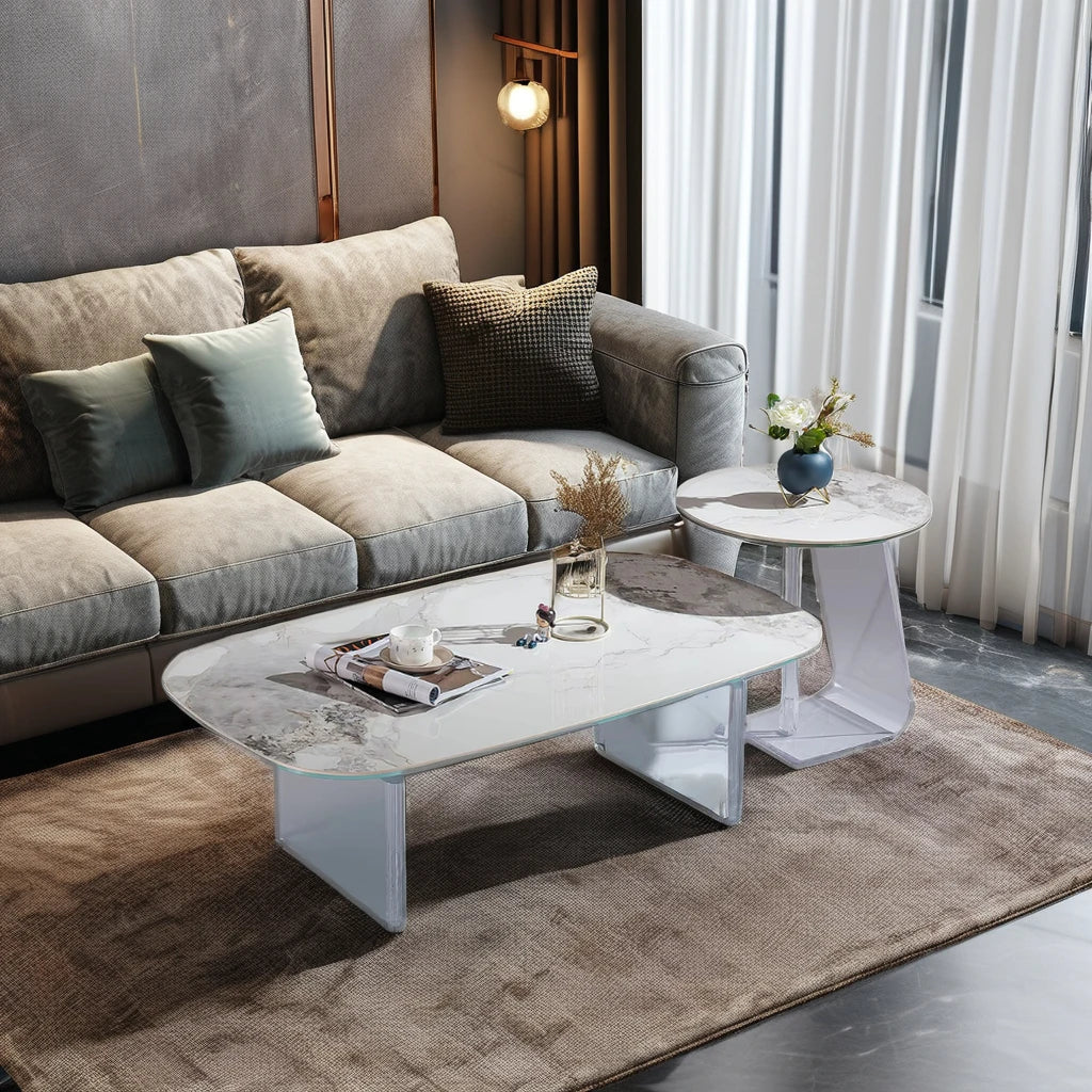 White ceramic luxury villa coffee table set rectangular round living room furniture casual modern coffee table