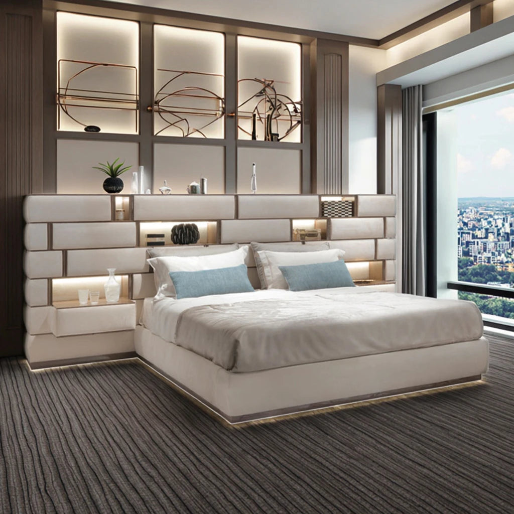 Modern minimalist leather double bed premium luxury designer master bedroom widescreen premium MDF metal hotel