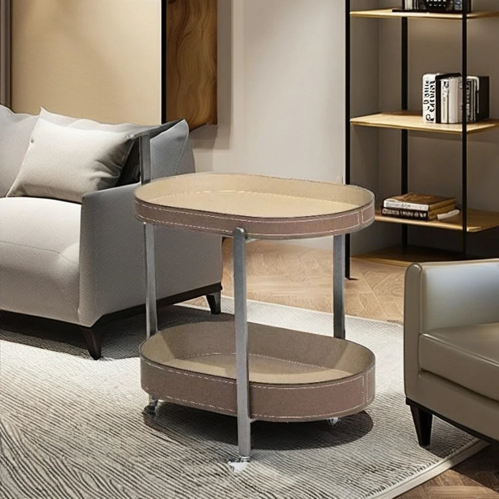 Oval saddle leather hotel trolley side table cabinet villa living room furniture coffee table hotel snack bed coffee table